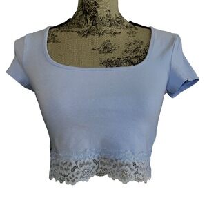 Cotton On Crop Top Women Medium Blue Lace Trim Square Neck Fairy Stretch Y2K